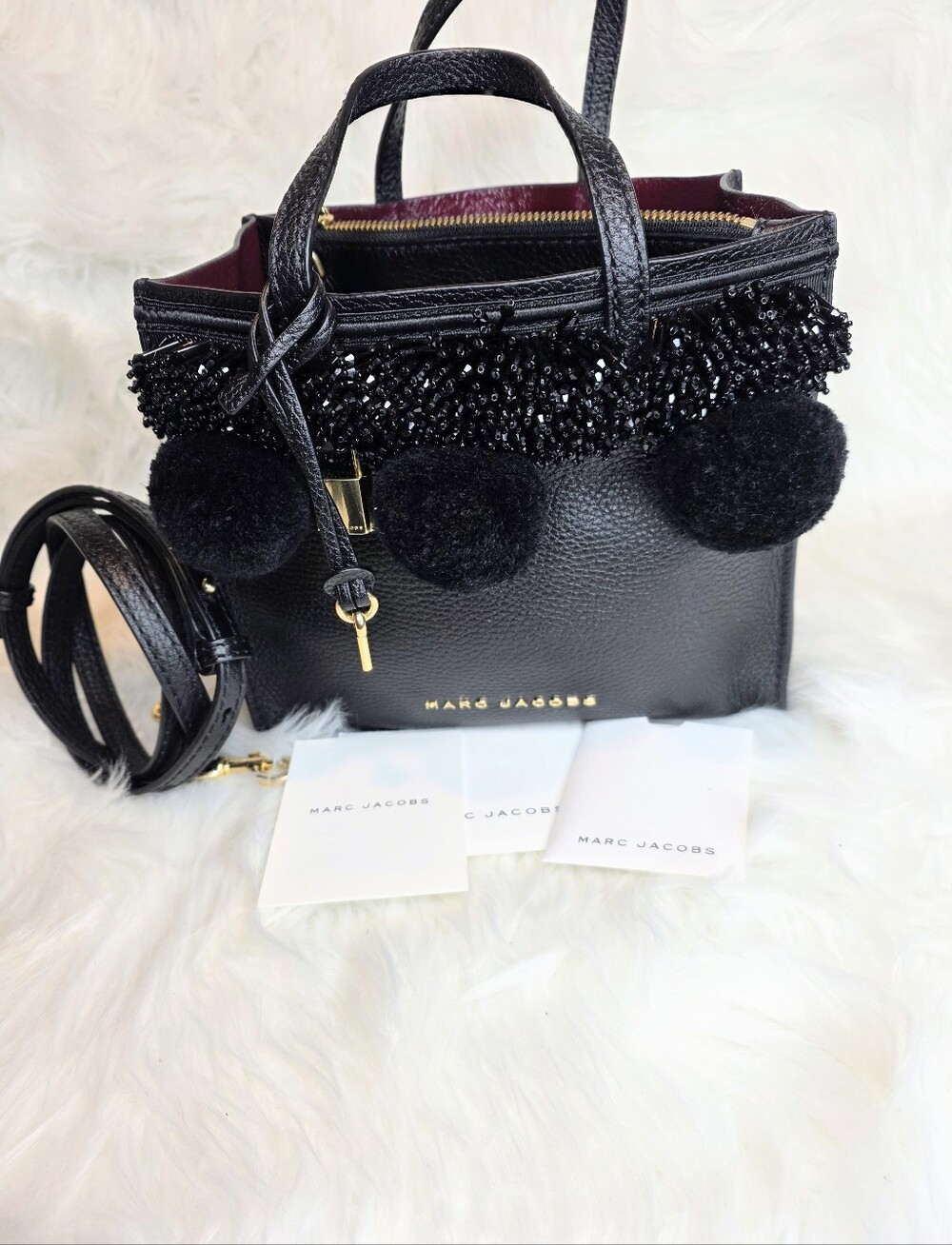 Marc Jacobs 2pcs Mini Grind Bag & Wallet. Black Beaded Pom Pom 3 Way Bag. EUC - Picture 3 of 17